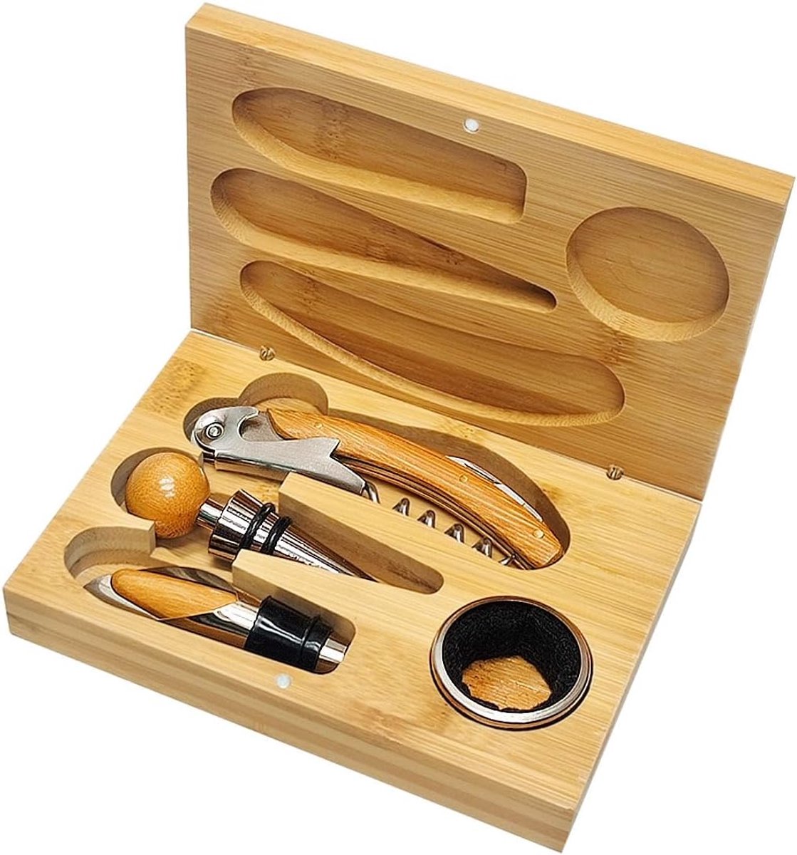 Wijngeschenkset met houten accessoires, vacuüm sluiting en tuit