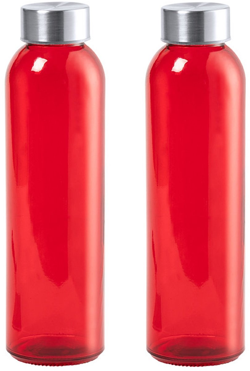 Glazen waterfles/drinkfles/sportfles - 2x - rood transparant - met RVS dop - 500 ml