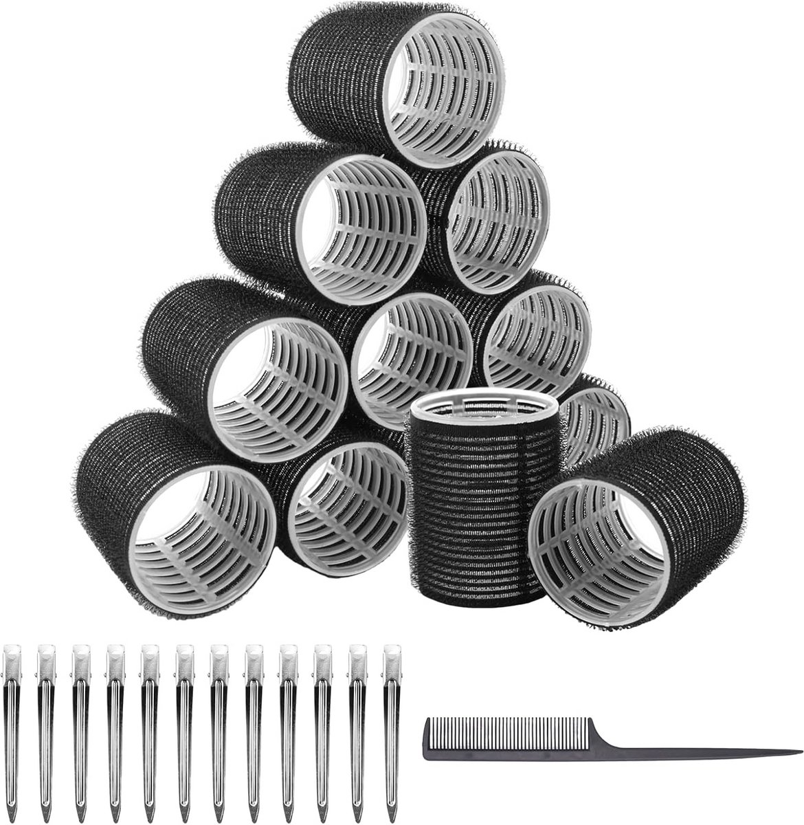 24 Grote Zelfklevende Krulspelden Set met 12 Eendenbek Clips voor Volume Krullen