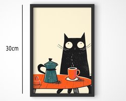 Grappige Kat met Koffie Poster Ingelijst – Moderne Katten Wanddecoratie – A4 (21 × 30 cm) – Inclusief Zwarte Lijst Poster