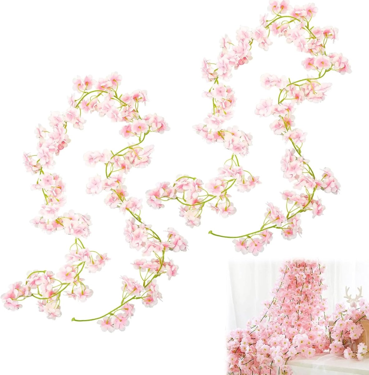 Allecto Plus - Kunstbloemen Slinger 18 m Roze Zijde - 2 Stuks - Binnen Buiten - Kersenbloesem Wijnstok
