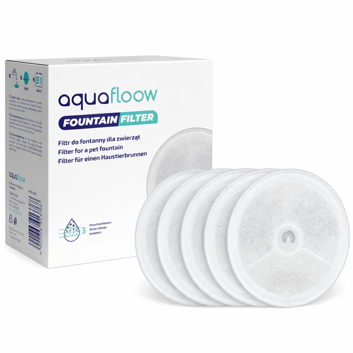 AquaFloow Drinkfontein Filters Compatibel met Petkit Eversweet – Vervangbare Filters voor Automatische Kattenfontein – 5 Stuks – 3 Filtratieniveaus