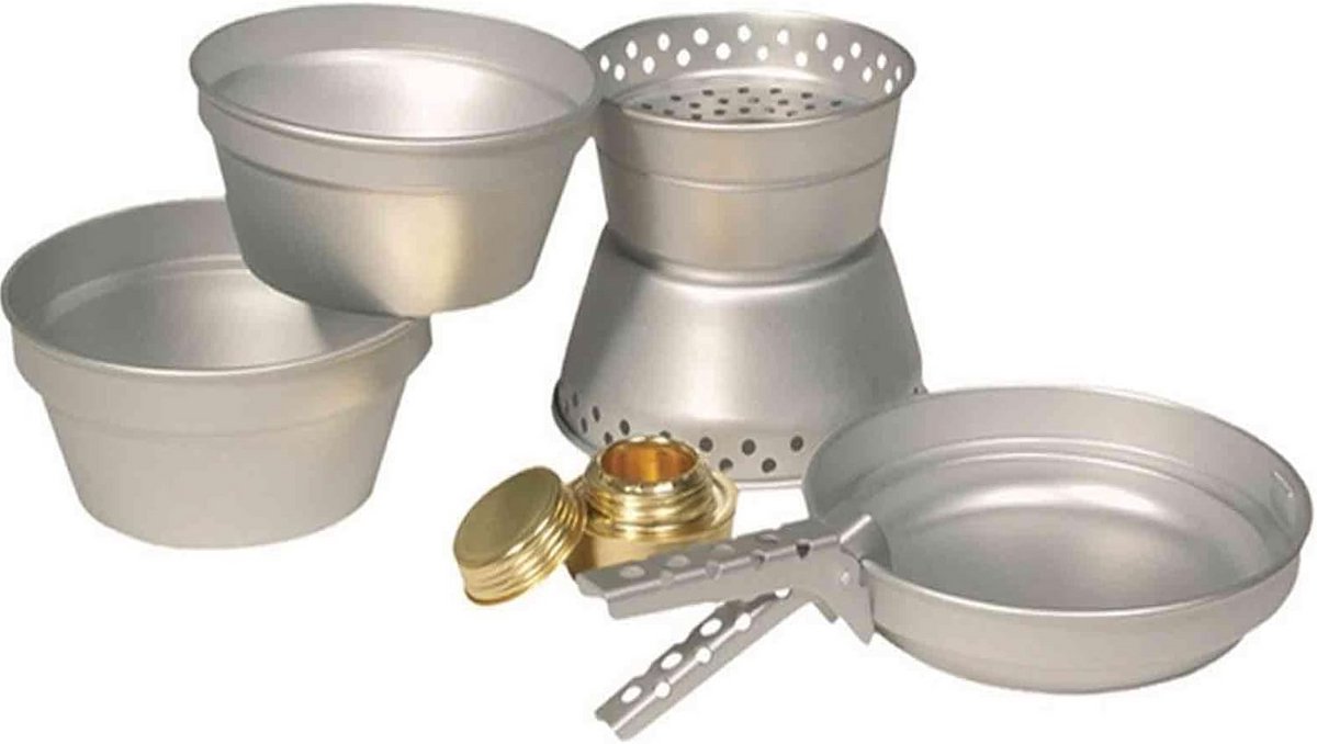 Aluminium kookset met potten, pan, kooker en grilltang