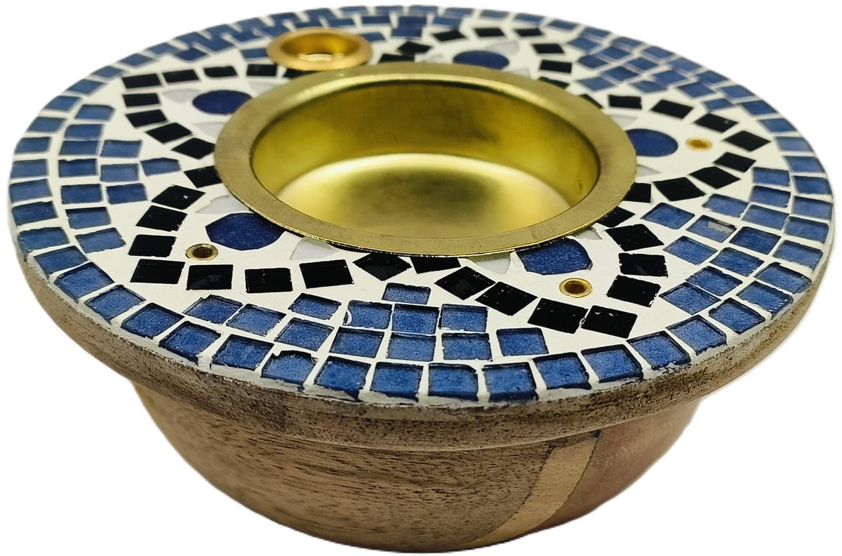 Mozaiek wierookhouder - Orientaalse wierookbrander blauw wit - voor wierookstokjes kegels en korrels