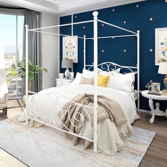 Baldakijn Bedframe - Hemelbed Frame - Romantische Slaapkamer - Met Decoratieve Elementen - 120 x 200 cm - Wit