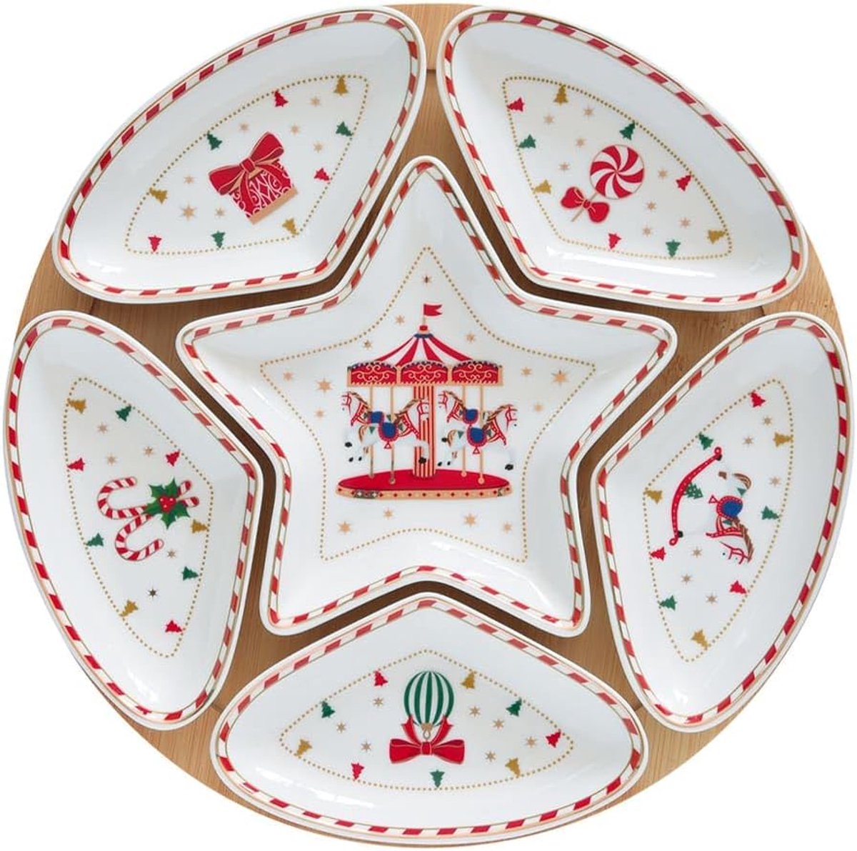 Kerst aperitiefset met 6 porseleinen schaaltjes en bamboe voet, 25 cm
