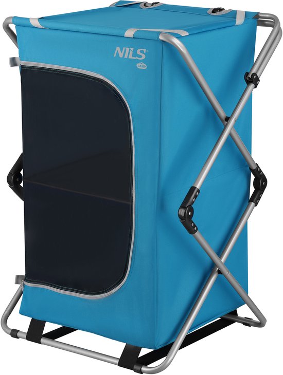 Blauwe NILS CAMP campingkast, deels gesloten, met zilverkleurig frame en zijkant van gaas.