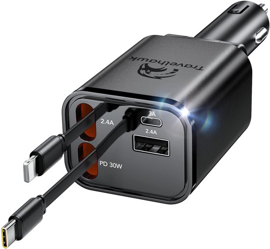 Travelhawk Autolader - USB-C en Lightning - Snellader 86W - Veilig en Compact - Draaibaar - 12-24V Auto Oplader - Sigaretten Aansteker Adapter - Autoaccessoires