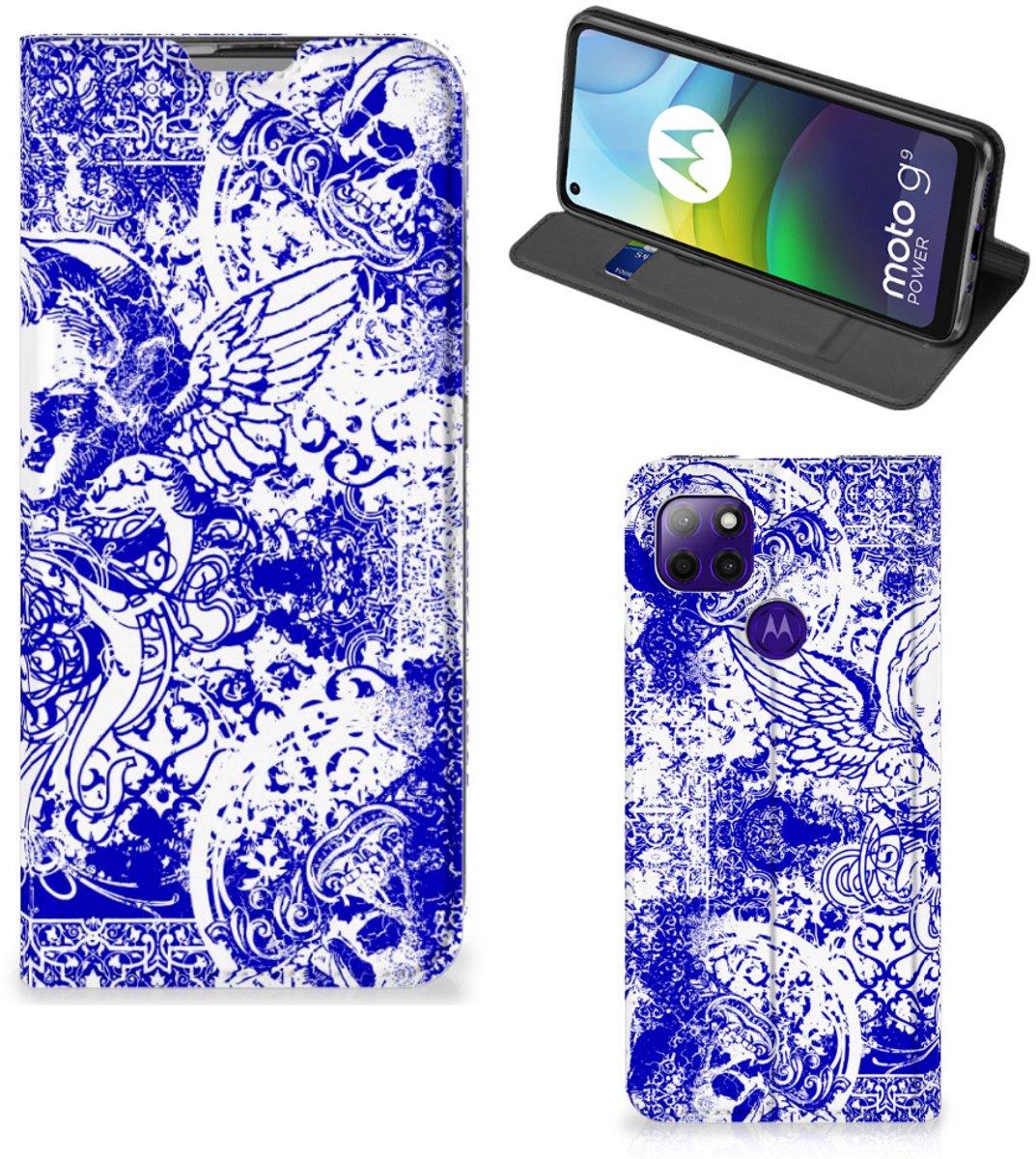 Mobiel BookCase Motorola Moto G9 Power Angel Skull Blauw