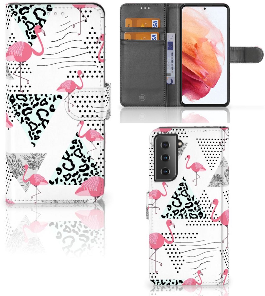 Samsung Galaxy S21 Telefoonhoesje met Pasjes Flamingo Triangle