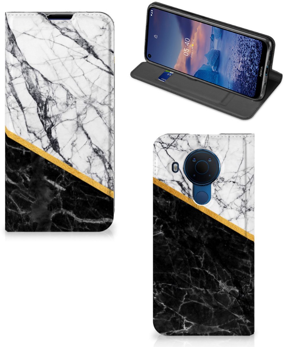 Standcase Hoesje voor Nokia 5.4 Standcase Marmer Wit Zwart - Origineel Cadeau Man