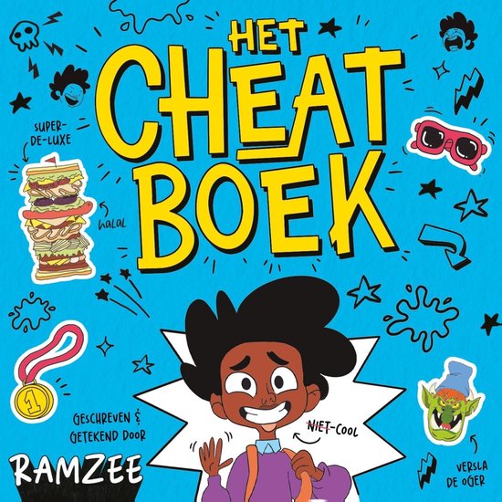 De voorkant van 'Het Cheatboek', met een getekende jongen, een grote sandwich en een medaille.