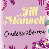 Boekomslag 'Ondersteboven' van Jill Mansell met paarse bloemen op een roze achtergrond.