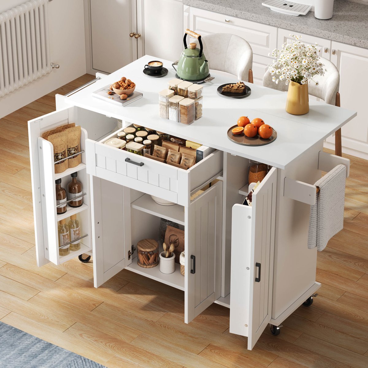 Keukeneiland - 120 x 45(70) x 95 cm - Keukenkast met Klapblad, 4 Deuren en 1 Lade - MDF - Wit