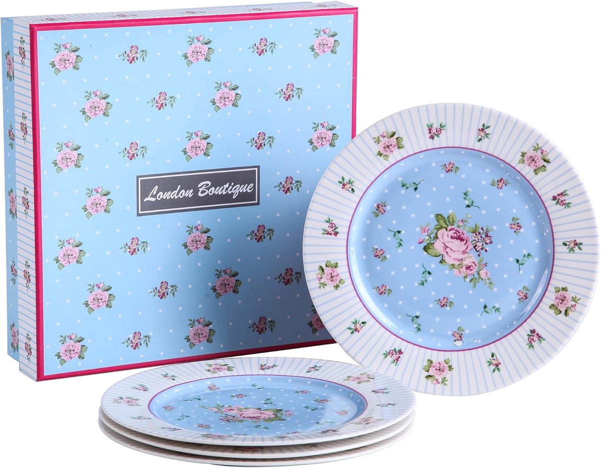 Fijn Porseinen Taartbord Set van 4 - Brede Rimmed Shabby Chic Dessertborden