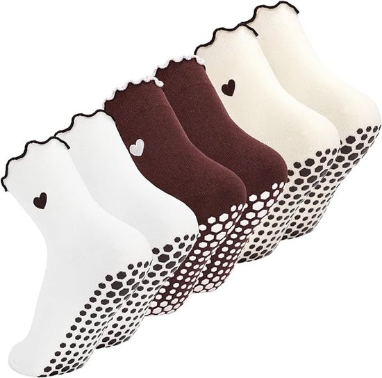 Antislip Sokken Dames - 3 Paar - Yoga & Pilates Sokken - Met Hartjes & Ruches - Grip Sokken - Maat 36-40 - Wit, Crème & Bruin