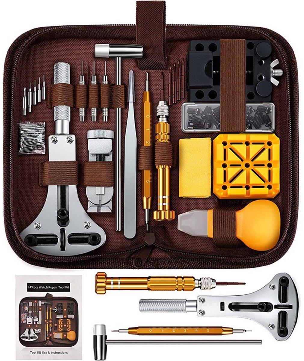 Horlogereparatieset, horlogemakersgereedschap, 149-delige set met gereedschap voor het verwijderen van horlogebandjes, horlogeopener en veerstiftgereedschap.