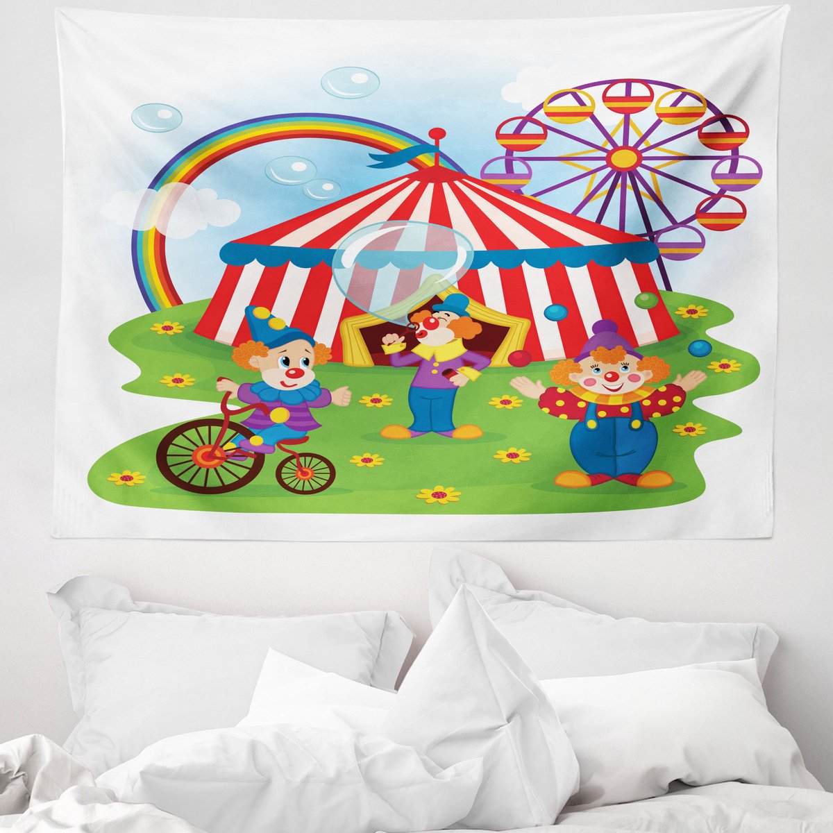 ABAKUHAUS Circus Wandtapijt, Circusscène met clowns op het gras, 150 x 110 cm, Meerkleurig Groen Wit Meerkleurig