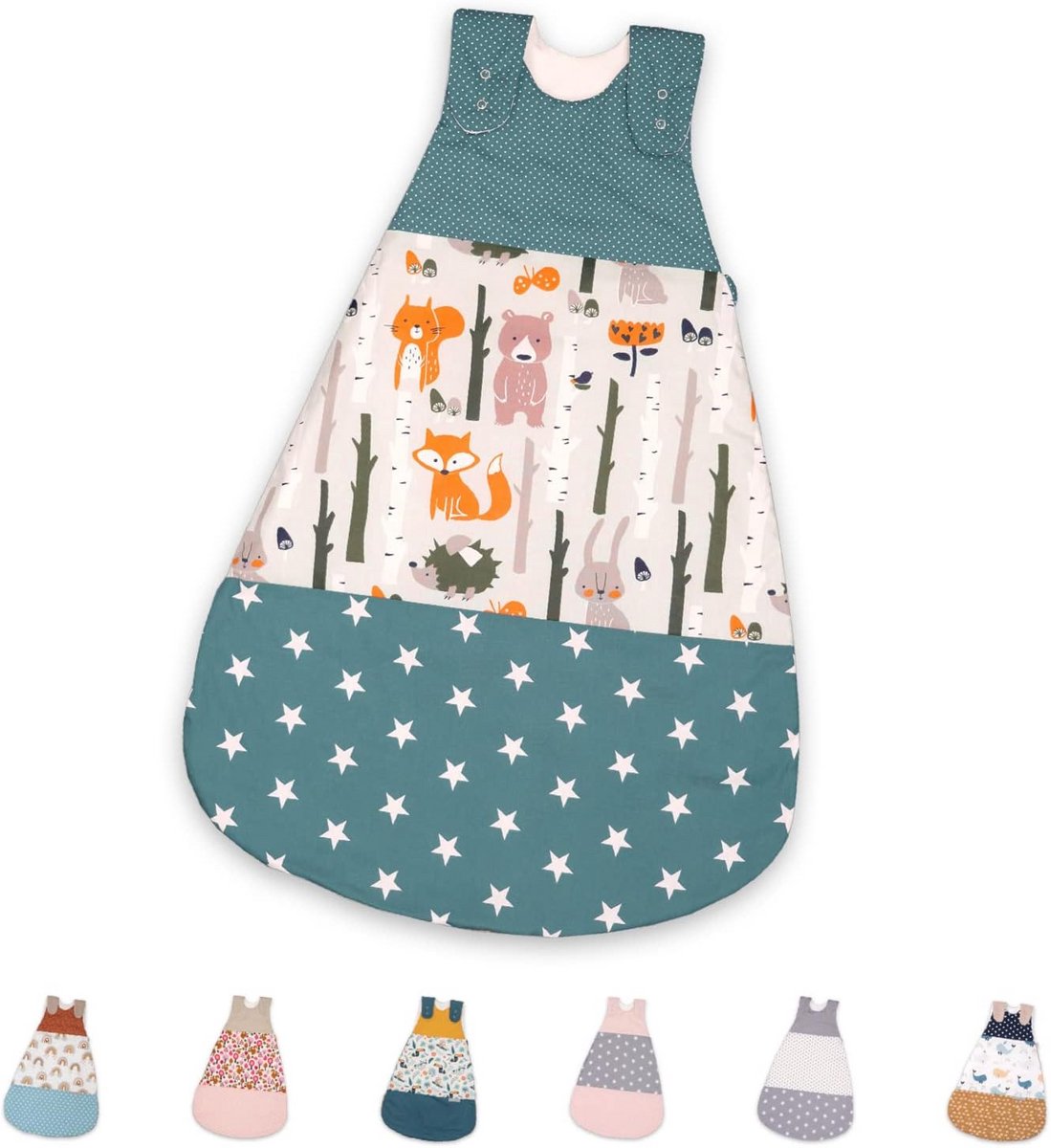 Fijn Zomerslaapzak Baby Bosdieren Petrol – Aangename Slaapzak van Katoen voor Baby's (68-74 cm)