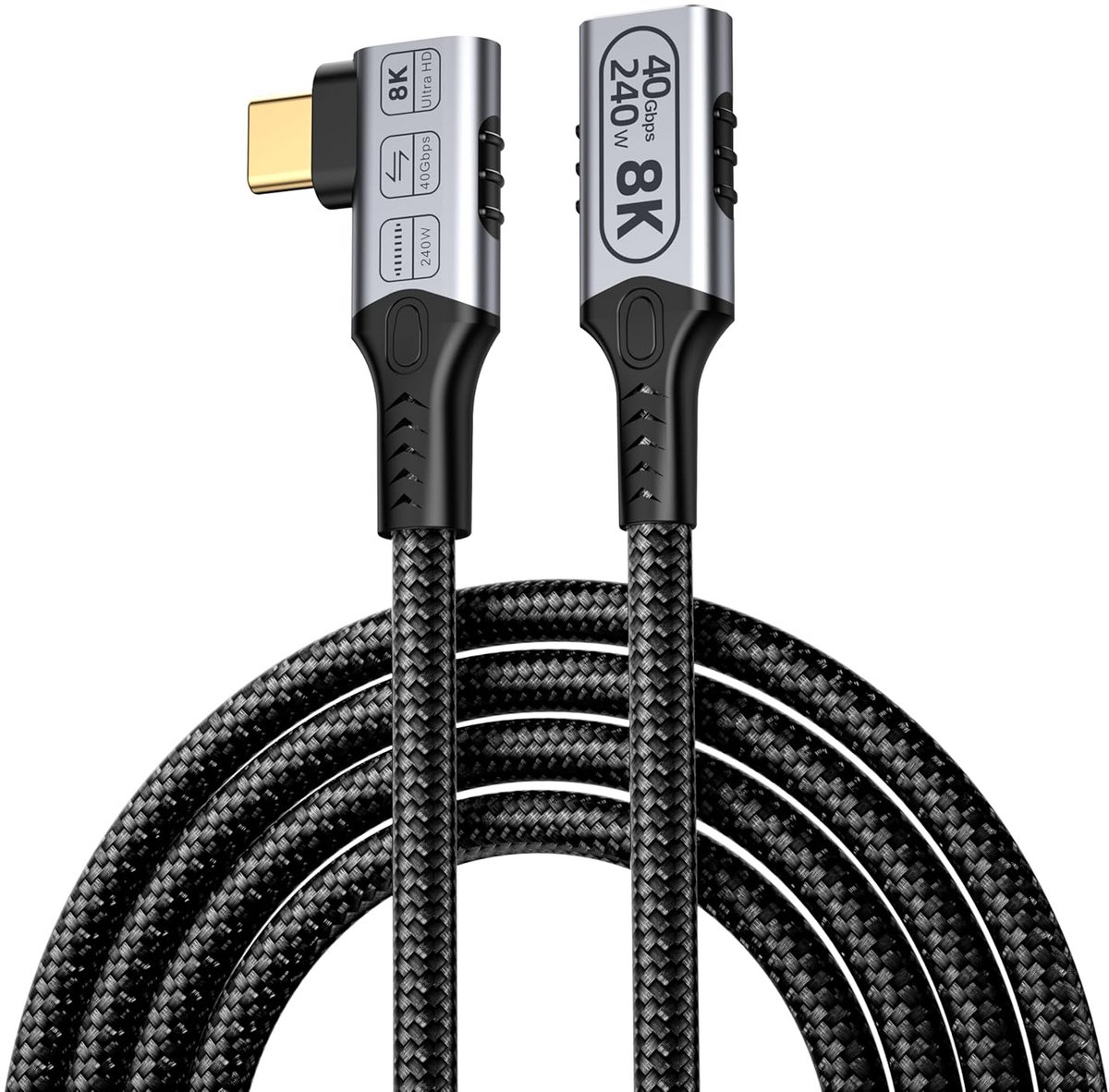 Lange USB C Verlengkabel 90 Graden Hoekig voor Thunderbolt 4 | 8K/4K Video @60Hz | 40Gbps | 240W Snel Opladen | 2m