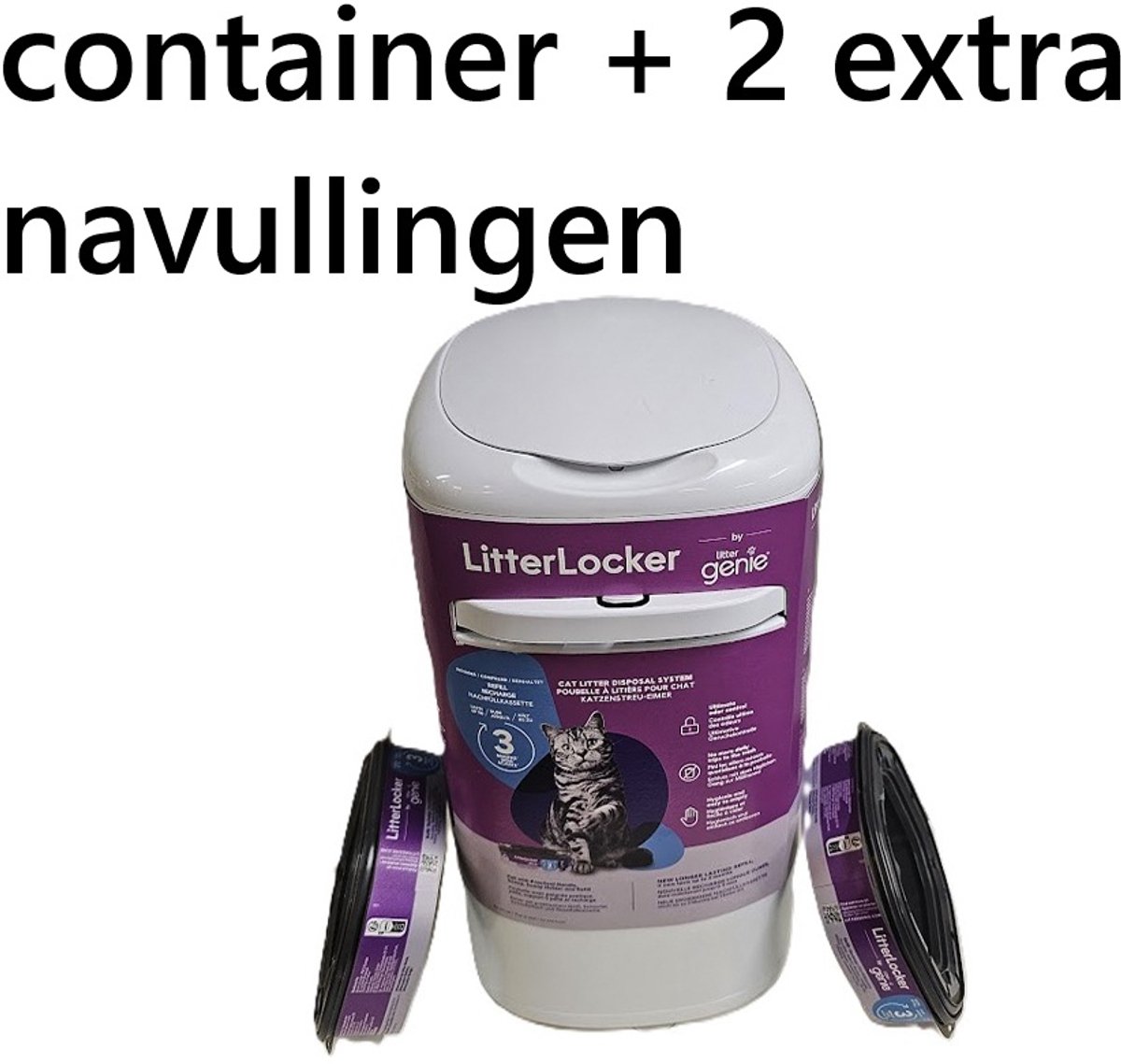 Litter Locker Genie - vuilbak voor kattenpoep , kattenbakcontainer - met handig schepje - antigeur +++ 2 NAVULLINGEN hygienisch