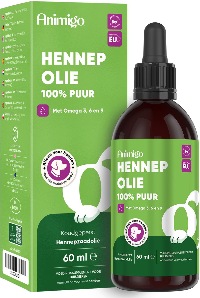 Animigo Hennepzaadolie voor Honden - 100% Puur en Koudgeperst - Rijk aan Omega 3, 6 & 9 - 60 ml - Gemaakt in de EU