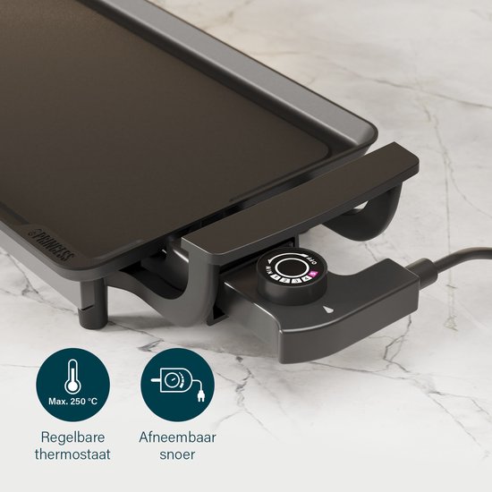 Detail van de zwarte Princess grillplaat met regelaar en afneembaar snoer, tot 250°C.