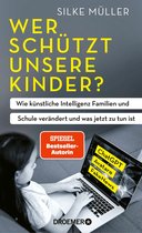 Een kind kijkt naar een laptop waarop 'ChatGPT', 'Avatare' en 'FakeNews' staat. Boek "Wer schützt unsere Kinder?" van Silke Müller.