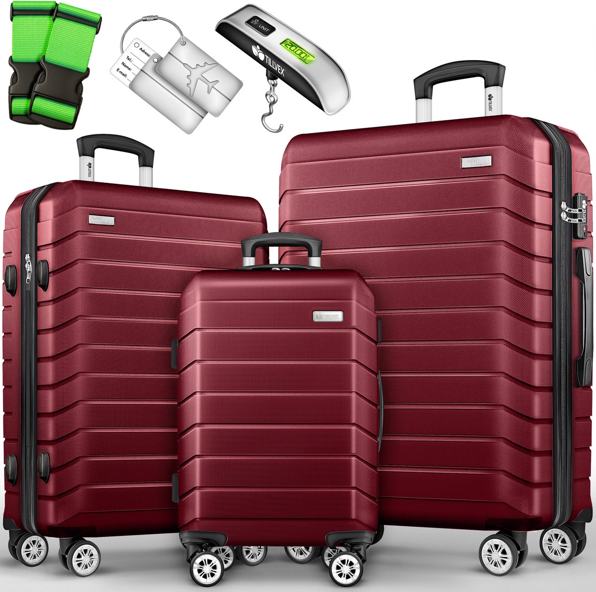 tillvex® reiskofferset 3-delig + bagageweegschaal, 6X kofferriemen & 3X kofferhangers | kofferset 4 wielen | trolley bagage koffer TSA slot | set koffer met harde schaal M-L-XL, lila, Kofferset 3tlg