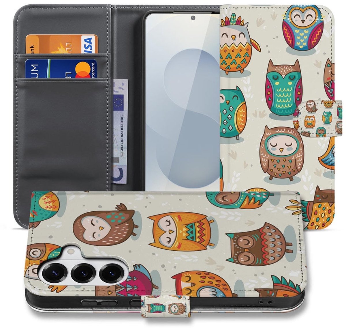 Book Case Samsung Galaxy S26 Plus Vrolijke Uilen Pasjeshoesje