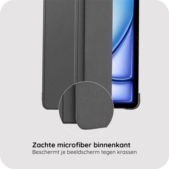Gedetailleerd beeld van de zachte microvezel binnenkant van een donkergrijze tablethoes.
