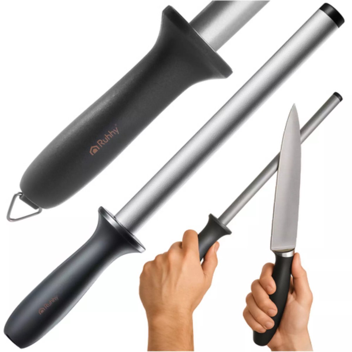 Ruhhy Diamant messenslijper - aanzetstaal - 30 cm - grijs - ergonomisch handvat - keukenhulpmiddel
