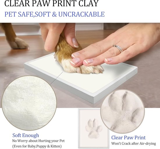 Grote Pootafdruk Frame voor Hond of Kat - Zachte Klei Kit en Houten Wit Foto Frame van Pawprints — afbeelding 3