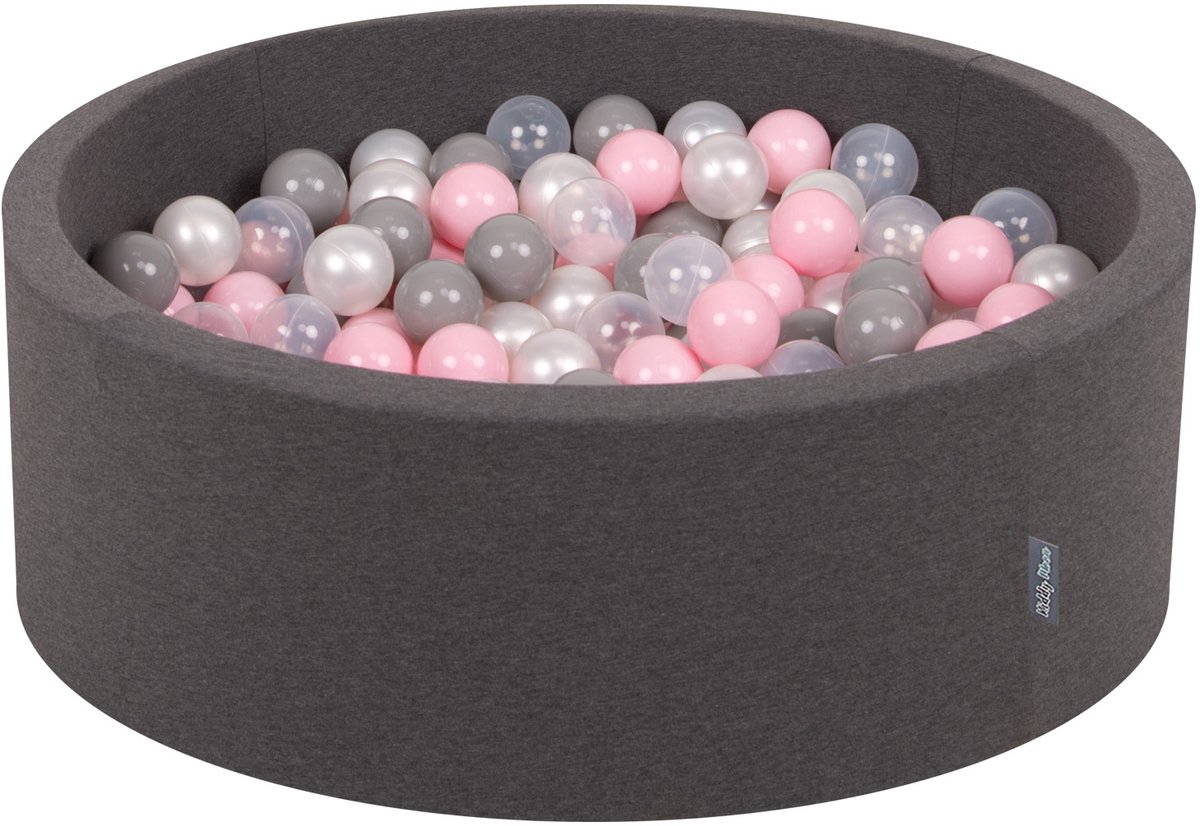 KiddyMoon ballenbad 90x30cm met 200 ballen ∅ 7cm ballenbad met kleurrijke ballen - voor baby's kinderen rond, donkergrijs: pearl grijs transparant roze