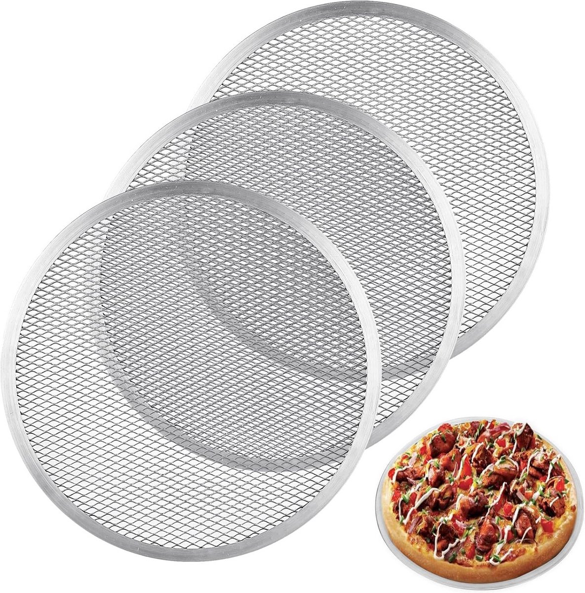 3 Stuks Ronde Aluminium Pizzascherm 33 cm - Zeef Bakplaat voor Oven