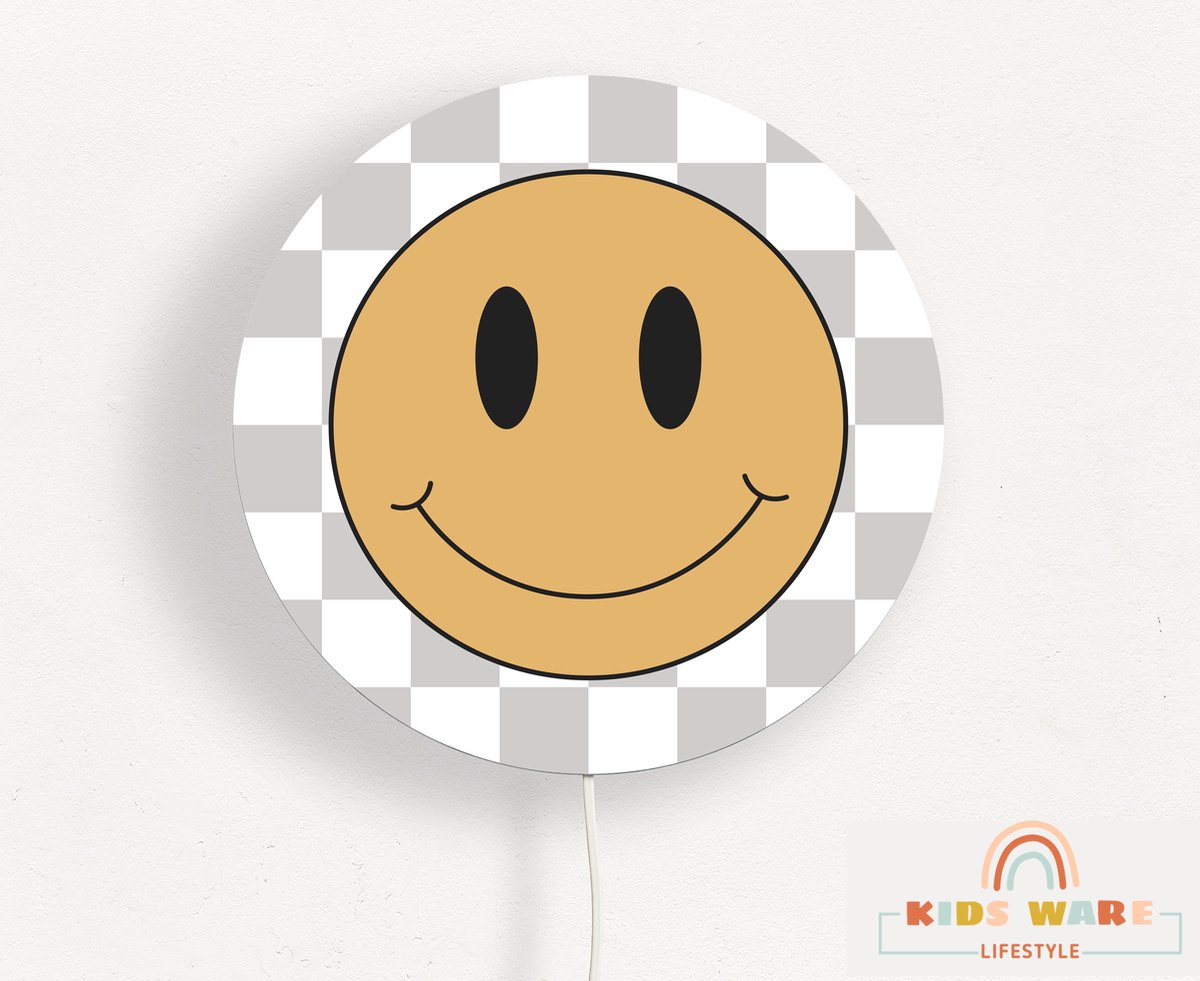 Wandlamp Rond - Smiley- Kinderkamer verlichting - Mustard - ø 40 cm Wandlamp - Verlichting - Retro Smiley Thema - Kinderkamer wandlamp - Babykamer wandlamp