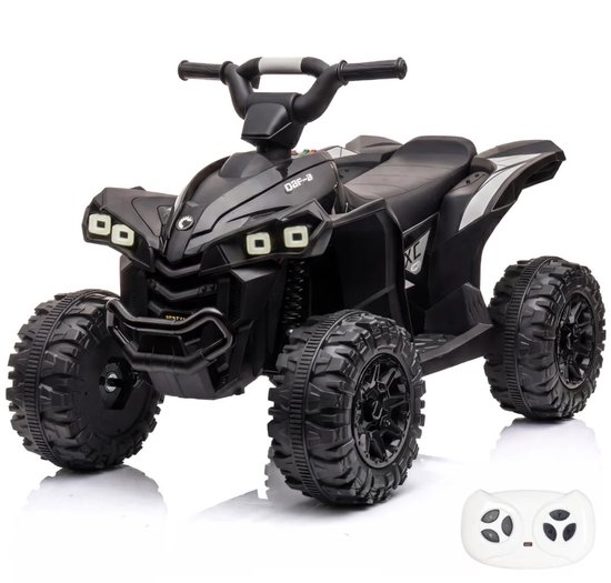 Zwarte Vrooomy kinderquad met 'XC Sport' logo, grote profielwielen en een witte afstandsbediening.