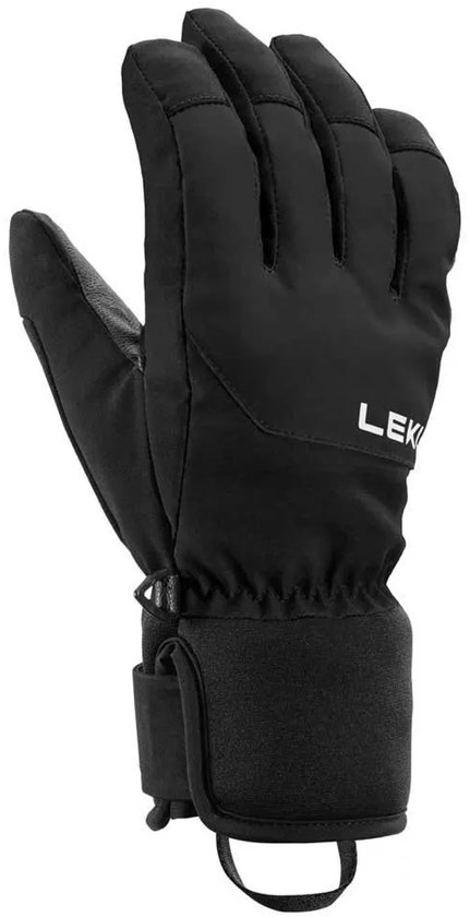 Zwarte ski-handschoen met LEKI-logo op de achterkant, SOFTEXX® op de polsband.