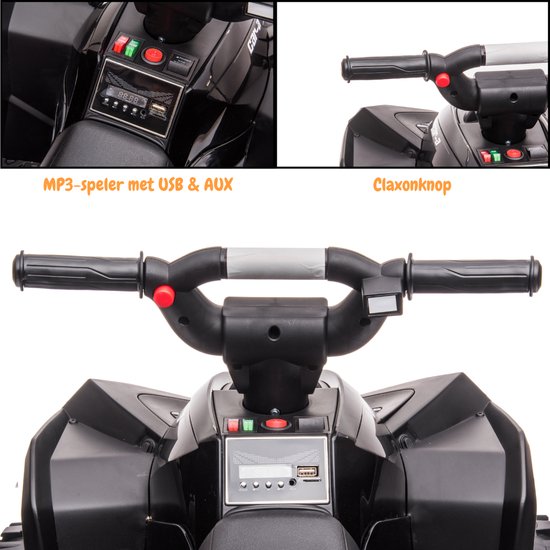 Details van de zwarte kinderquad: stuur met knoppen, MP3-speler met USB & AUX en claxonknop.