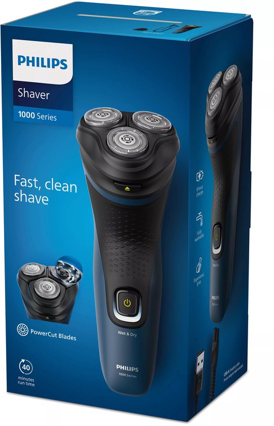 Philips S1151/00, Rasoir rotatif, Noir, Bleu, Batterie, Hybrides nickel-métal (NiMH), 40 min, 8 h