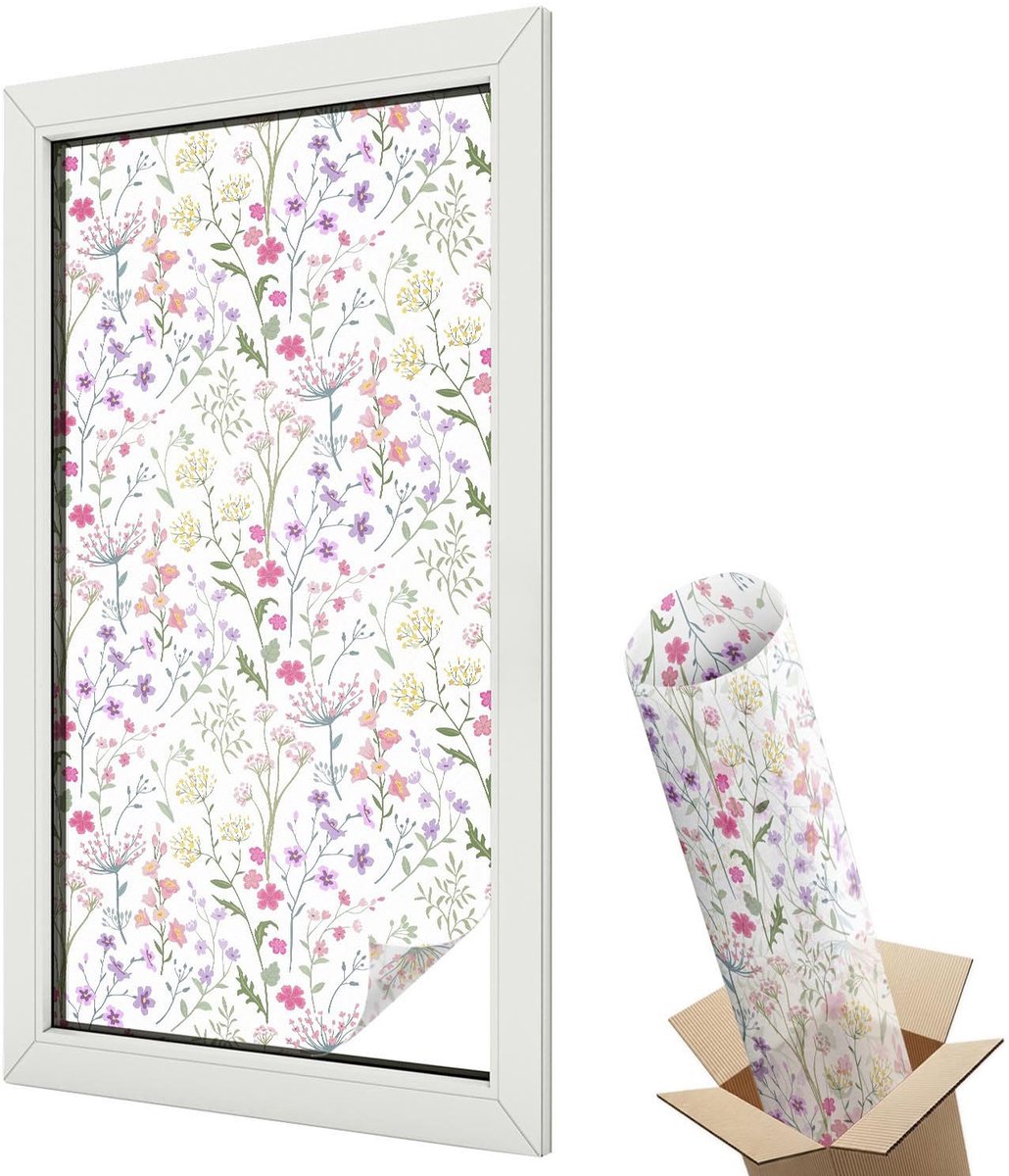 Wallfluent Glas in Lood Raamfolie - Bloemenweide Raamfolie Glas in Lood - 50x100 cm - Wit Zelfklevende Raamfolie Glas in Lood - Melkglas Folie met Glas in Lood Effect - Voor de woonkamer, voor het kantoor, voor de hal - Glas in Lood Folie voor Raam