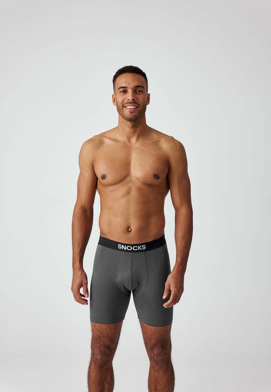 Grijze boxershorts met zwarte elastische band met SNOCKS-logo.