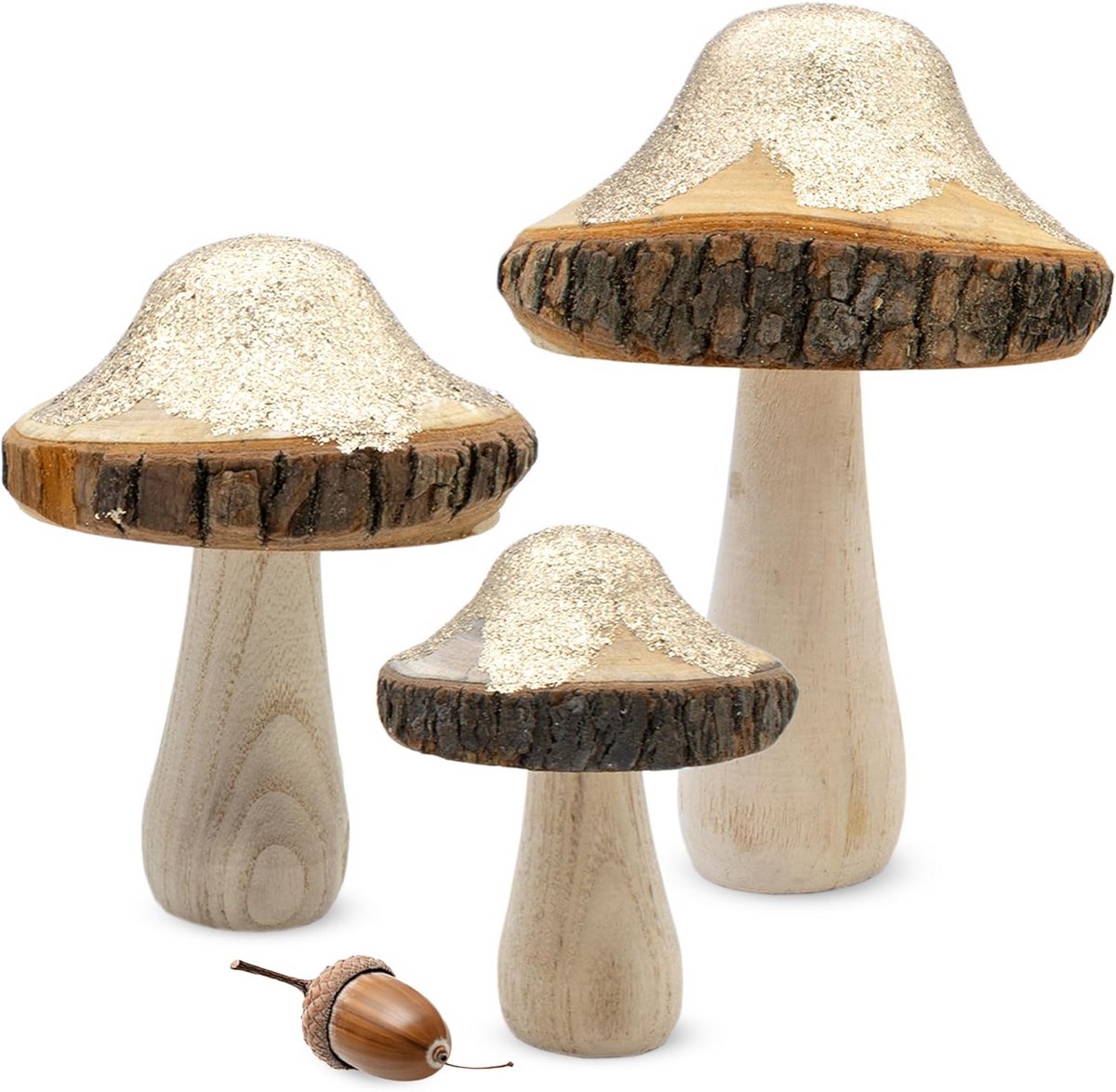 Set van 3 Houten Paddenstoelen Decoratie met Gouden Glitter en Schors - Herfstdecoratie