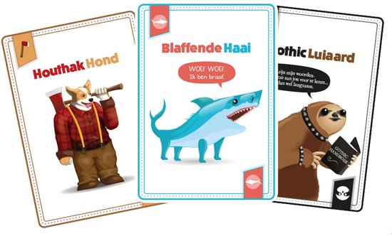Drie kaarten uit het spel: Houthak Hond, Blaffende Haai en Othic LuiAard.
