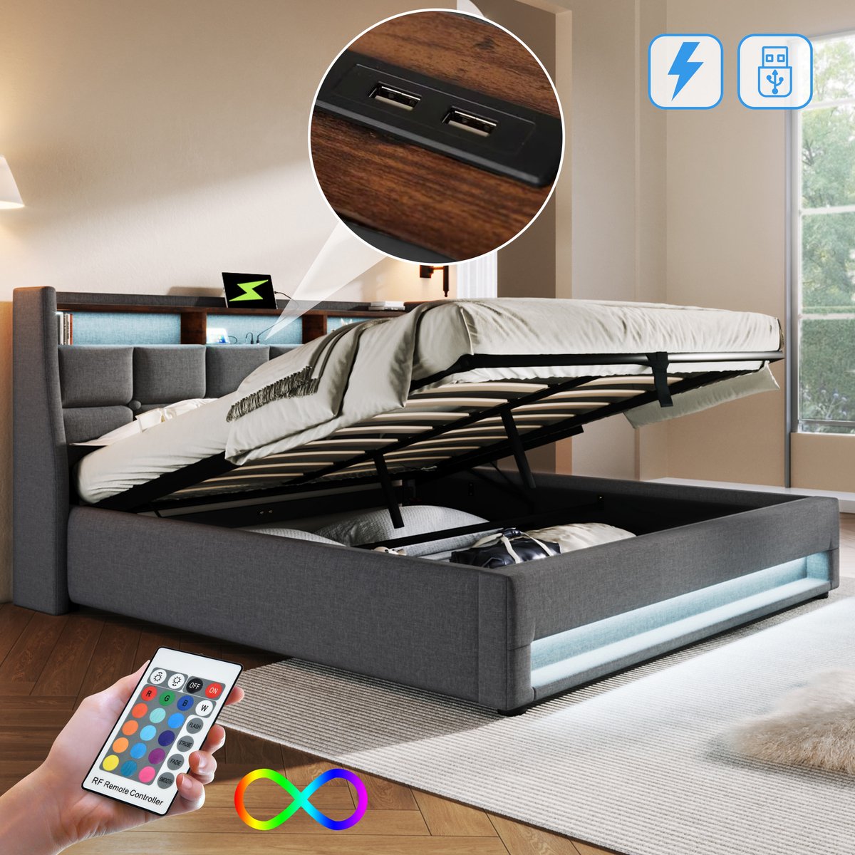 REDOM Opbergbed 180x200 met LED-verlichting en - Favrison Handels UG (haftungsbeschränkt) - €375,99