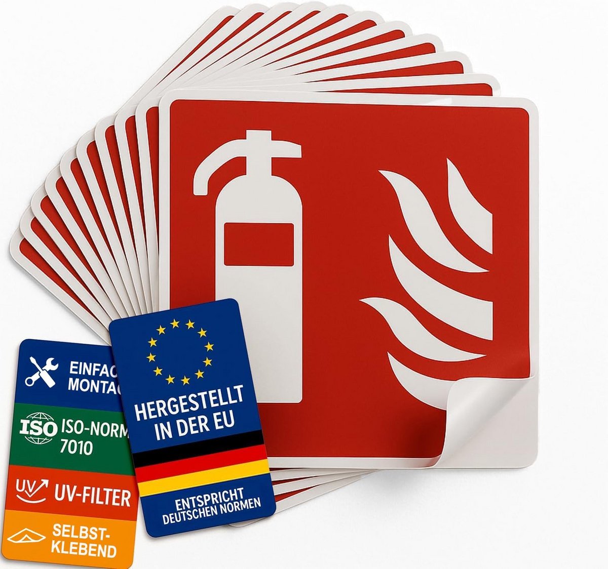 10x Brandblusser Stickers (10x10 cm) - Zelfklevend Veiligheidsbord - DIN EN ISO 7010 Pictogram