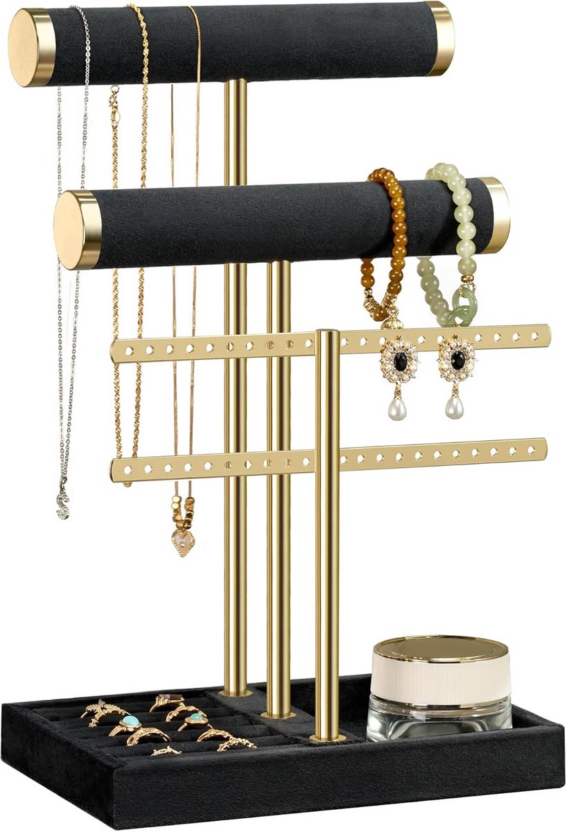 3-laags Armbanden Standaard Display - Afneembare T-Balk Zwart Fluweel voor Sieraden Organisatie