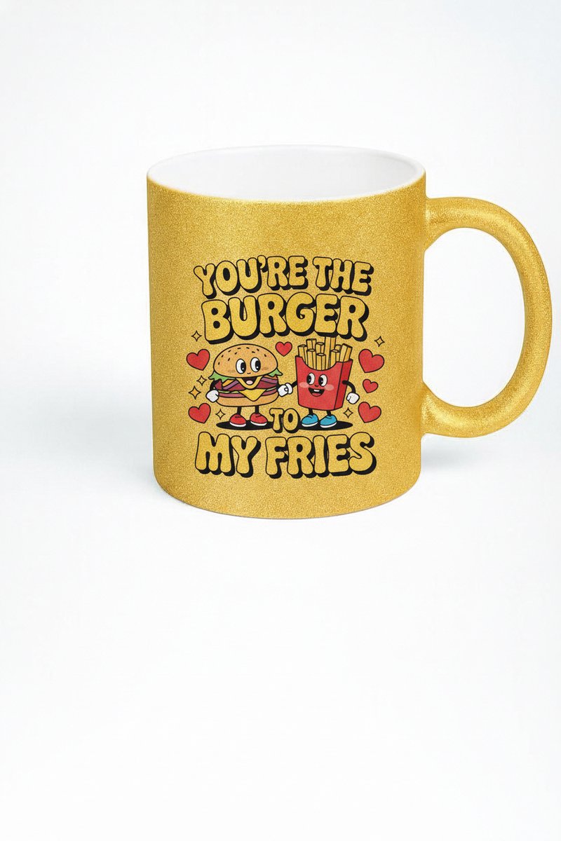 Jij bent de Burger van mijn Frietjes Mok - Gouden Glitter Liefdesbeker