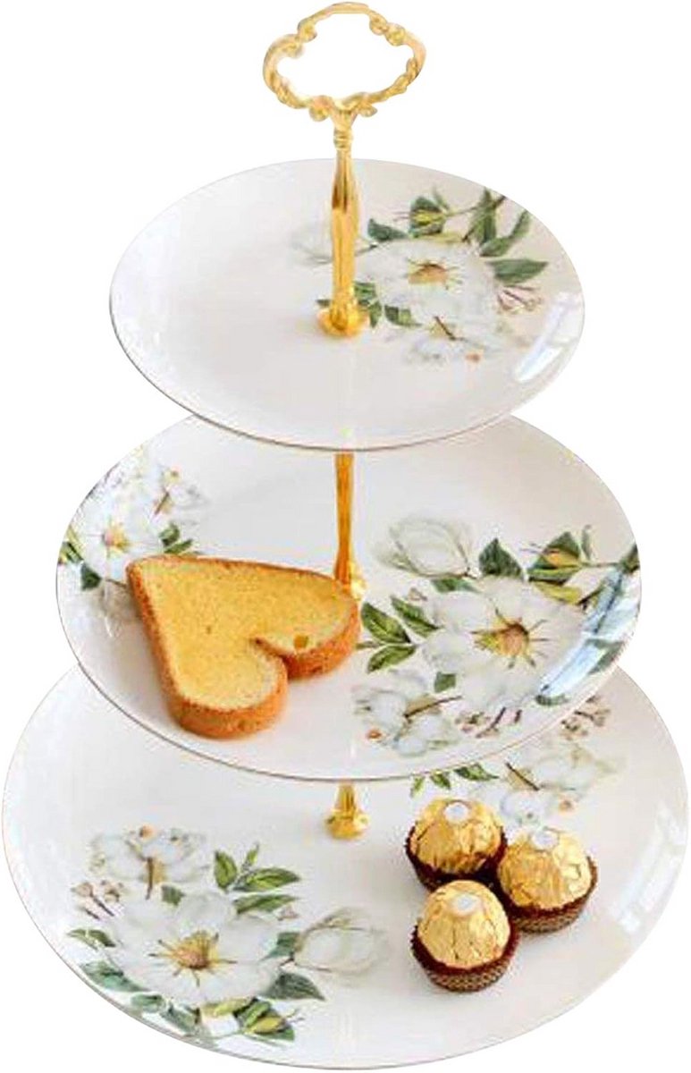 3-Laags Taartplateau Set Wit – Porselein Presentatiestandaard voor Cupcakes & Desserts