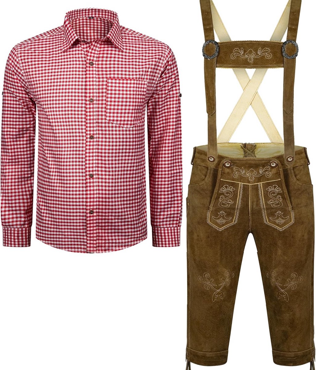 Lederhosen voor Heren met Bretels en Geruit Oktoberfest Overhemd - Bierfeest Kostuum